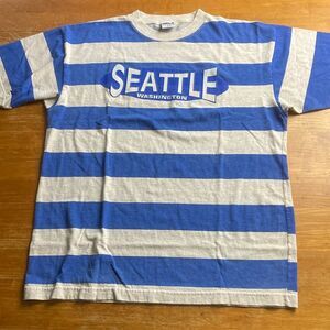 HRLA Vintage Striped Seattle Washington Tee Shirt 100% Cotton Grey Blue size S/M